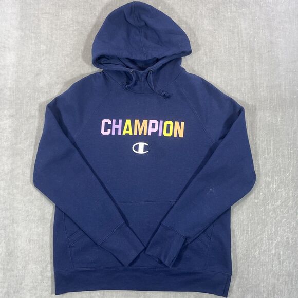Champion Womens Medium Blue Rainbow Logo Powerblend Pullover‎ Hoodie - Picture 1 of 6